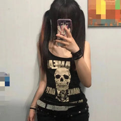 Pydshop Punk Skull Rose Print Vest T-shirts 2024 Summer New Sleeveless Tops Women Y2k Grunge O-neck Slim Fit Black Tee Shirt