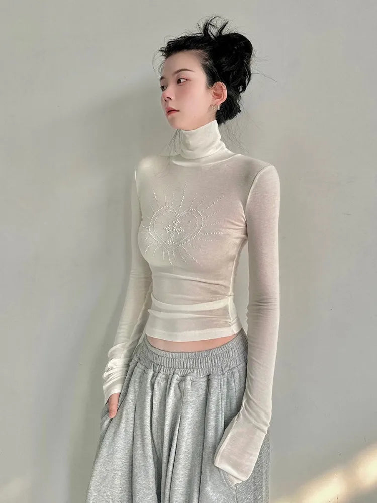 Pydshop All-match Print Diamond Slim Fit T-shirts Summer New Turtleneck Bottoming Tops Women Y2k Grunge Long Sleeve White Tee Shirt