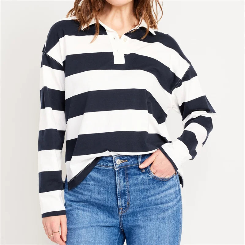 Pydshop Harajuku Striped Sweatshirt Women Y2k Preppy Style Turn-down Collar Loose Pullover Korean Fashion Sweatshirt Long Sleeve Tops