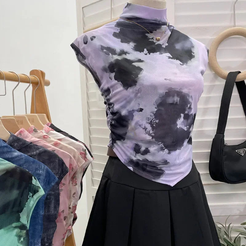Pydshop Women's Retro Tie Dye Printed Mesh Short Sleeve T-Shirt Chic Sexy Folded Irregular Hot Girl Navel-Baring Vest Top 8721 Outfits