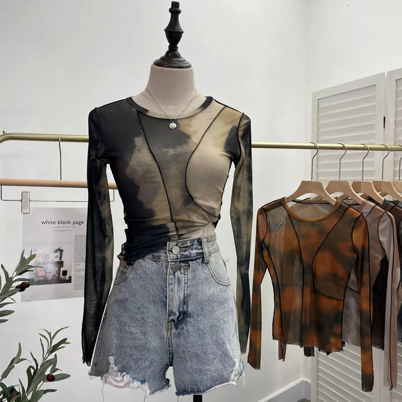 Pydshop Retro Smudged Print Sexy See Through Mesh Bottoming Shirt Slim Long Sleeved Top Y2K T-shirt Party Leisure Essential Streetwear