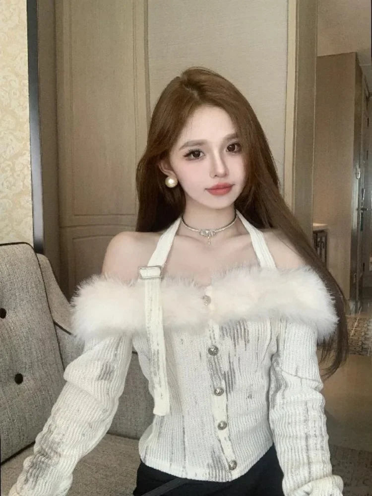 Pydshop Fluffy Patchwork Halter Slash Neck T-shirts Autumn Winter New Knitted Tops Women Y2k E-Girl Slim Fit Long Sleeve Tee Shirt