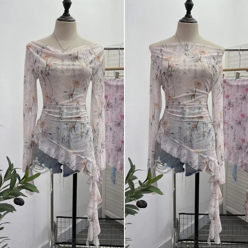 Pydshop Women Retro Ink Print Tie Dye See Through Mesh Long Sleeve Top Sexy One Shoulder Irregular Ruffled Top Y2k PartyClub StreetWear