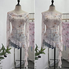 Pydshop Women Retro Ink Print Tie Dye See Through Mesh Long Sleeve Top Sexy One Shoulder Irregular Ruffled Top Y2k PartyClub StreetWear