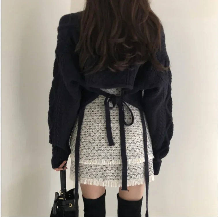 Pydshop Autumn New V-neck Slim Fit Sweaters Mujer Harajuku E-Girl Back Lace Up Knitted Pullover Y2k Grunge Long Sleeve Tops Women