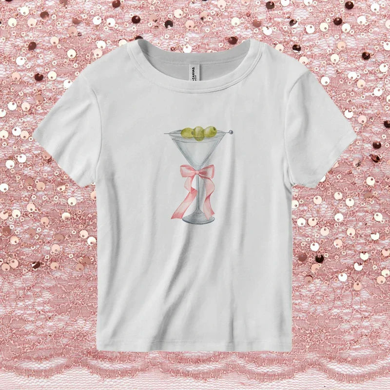 Pydshop Kawaii Sweet Cute Print Crop Tops Korean Aesthetic 00s Retro Baby Tees Chic Short Sleeve Slim T-shirt Women Y2K Vintage Clothes