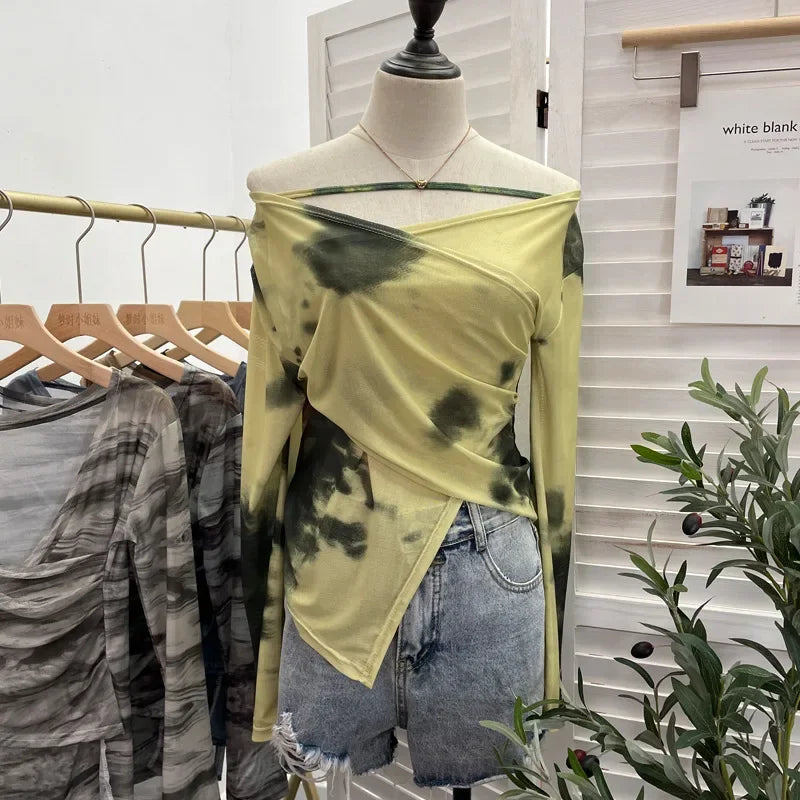 Pydshop Women's Sexy Irregular Cross V-Neck Long Sleeve Top Sexy Tie Dye Print Pleated Mesh Off Shoulder Top Casual Party Streetwear