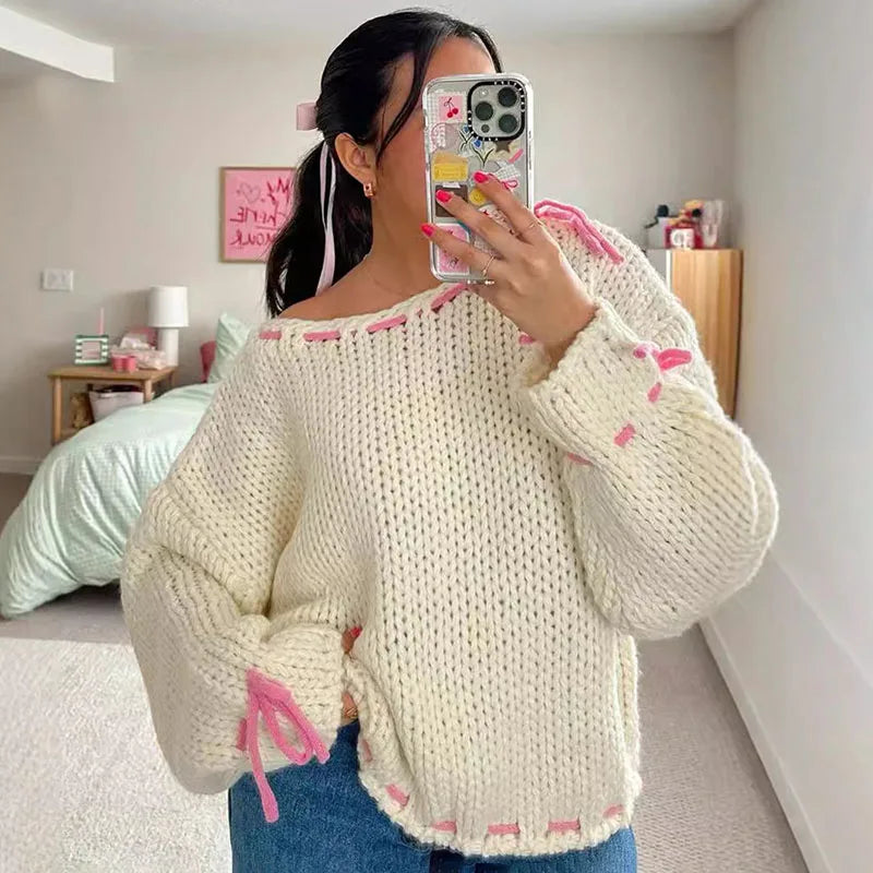 Pydshop Contrast Color Knitted Pullover Sweater Top For Women Drawstring Loose Long Sleeve Splice Autumn Winter Fashion Sweater