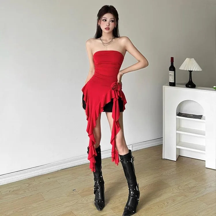 Pydshop Vintage 3D Rose Flower Vest for Women Sexy Irregular Slim Fit Strapless Tank Top 2024 Summer New Ruffles Blouses Mujer