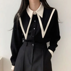 Pydshop Elegant Vintage Edge Piping Peaked Collar Shirts Women Spring Loose Puff Sleeve Blouses Simple Single Breasted Tops