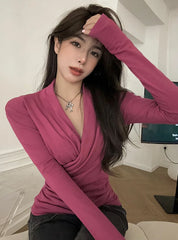 Pydshop Cross V-neck Pleated Bottom T-shirt For Women's Spring New Slim Fit And Slimming Temperament Long Sleeve Shirt Women Top 339Q