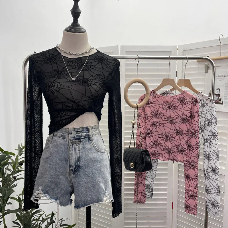 Pydshop Spider Print Mesh See Through Bottoming  Long Sleeve T-shirt Dark Hot Girl Slim Short Top y2k PartyClub Wear Daily Essential9908