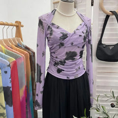 Pydshop Retro Tie Dye Print Halter Neck Bottoming Long Sleeve Top Sexy Hot Girl V Neck Pleated T-shirt Slim Mesh Y2K Top Essential 8929