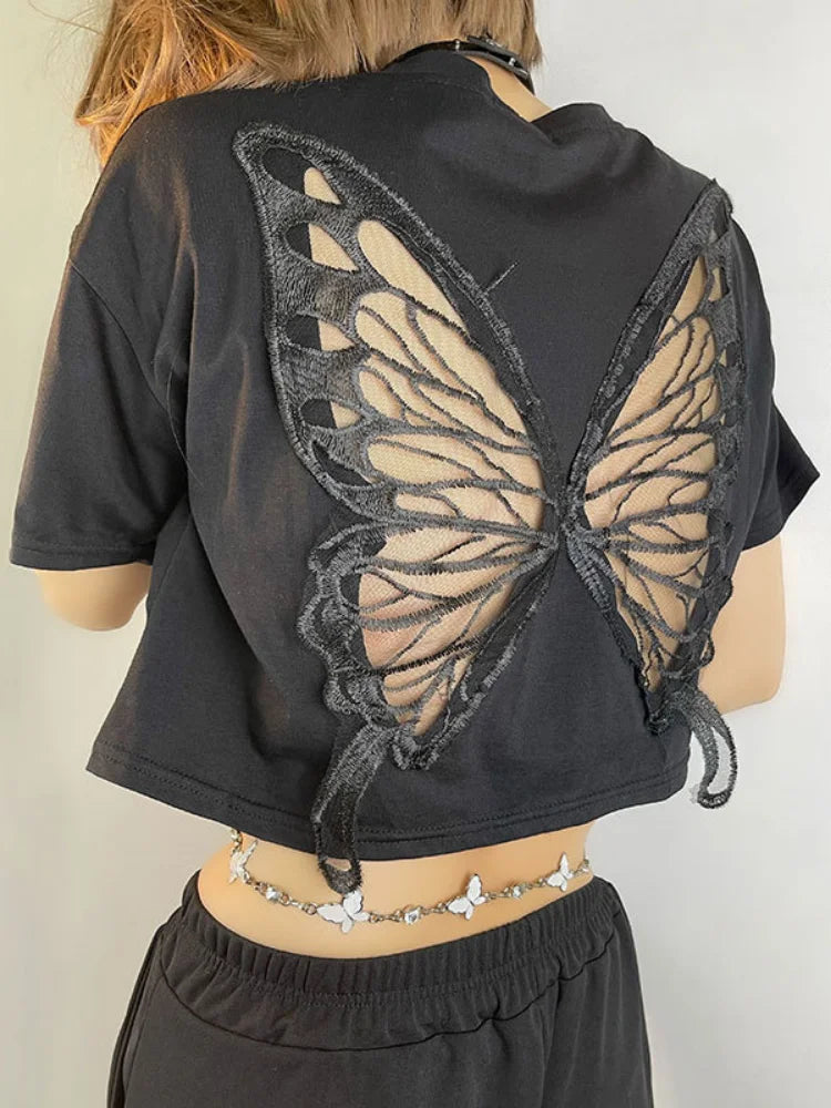 Pydshop Harajuku Lace Butterfly Crop Tshirts Women Vintage Streetwear Sexy Black Mesh Tops Aesthetic Hollow Grunge Tees Summer