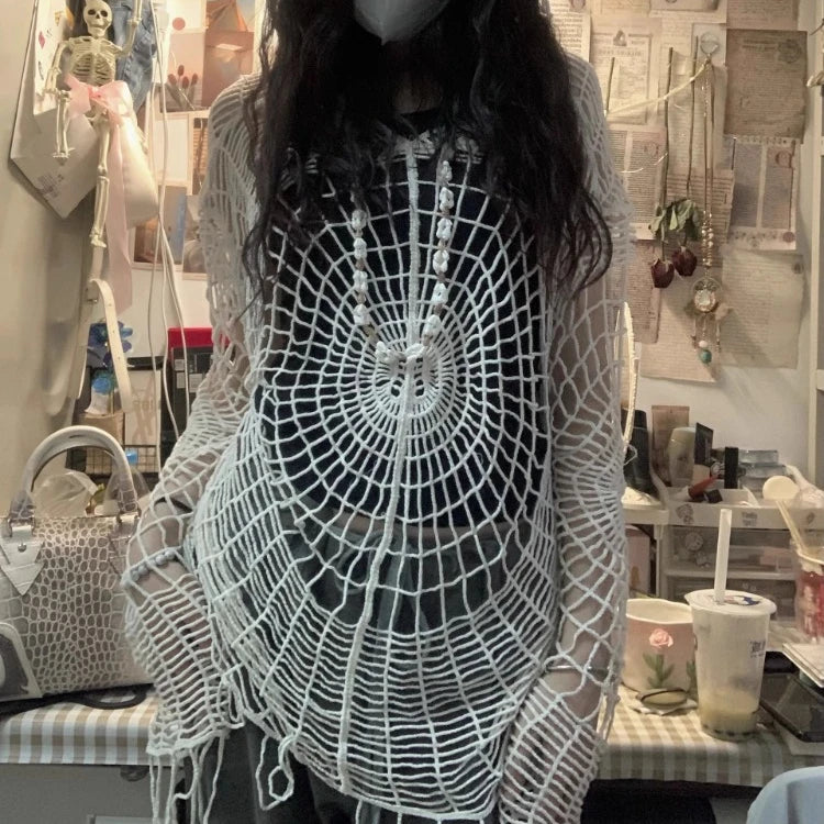 Pydshop American Street Spider Web Hollowed Out Hole Tops 2024 New Hooded Knit Sweater Women Y2k Long Sleeve Loose Sweatshirts