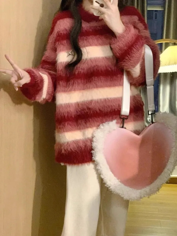 Pydshop Vintage Red Striped Gradient Mohair Lazy Sweater Autumn Winter New Knitted Pullover Y2k O-neck Long Sleeve Loose Tops Mujer