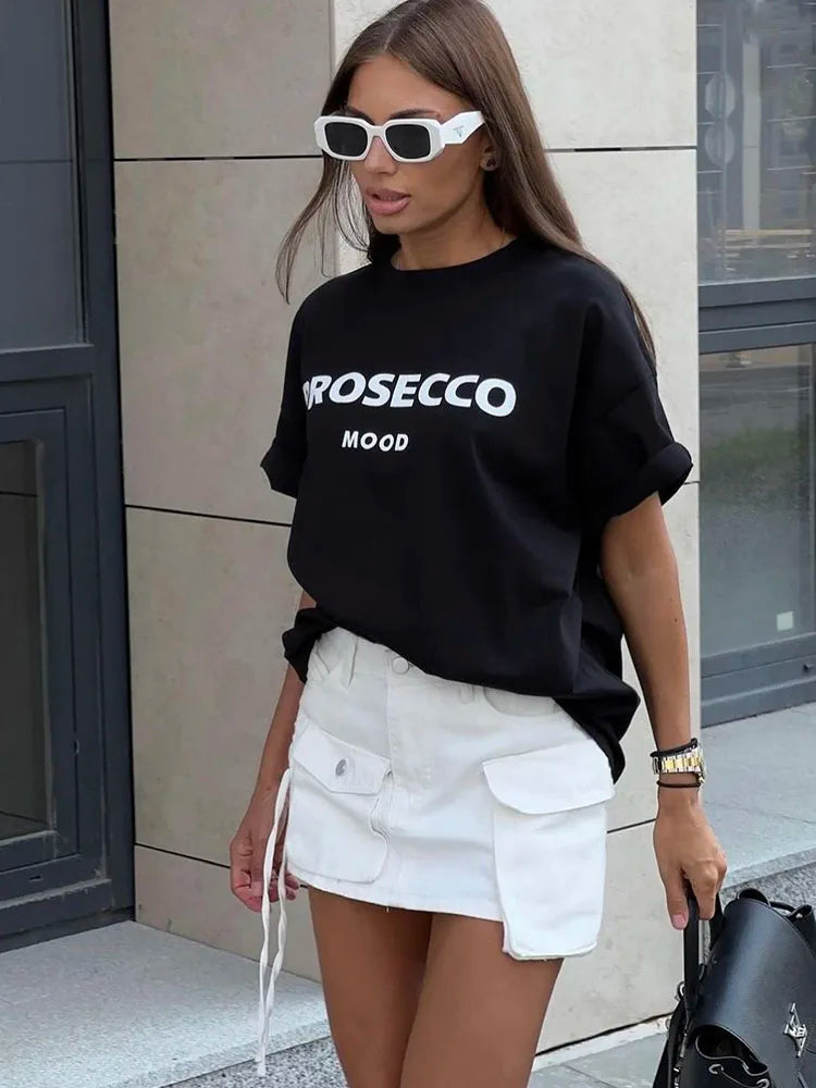 Pydshop 100% Cotton Letter Print T Shirt Women 2024 Summer New Basic Vintage Tee Casual Loose Chic O Neck Female Couple Tops
