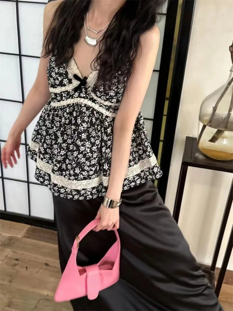 Pydshop Sweet Sexy V-neck Lace Patchwork Camisole for Women 2024 Summer New Print Tank Top Y2k E-Girl Slim Fit Sleeveles Tops Mujer
