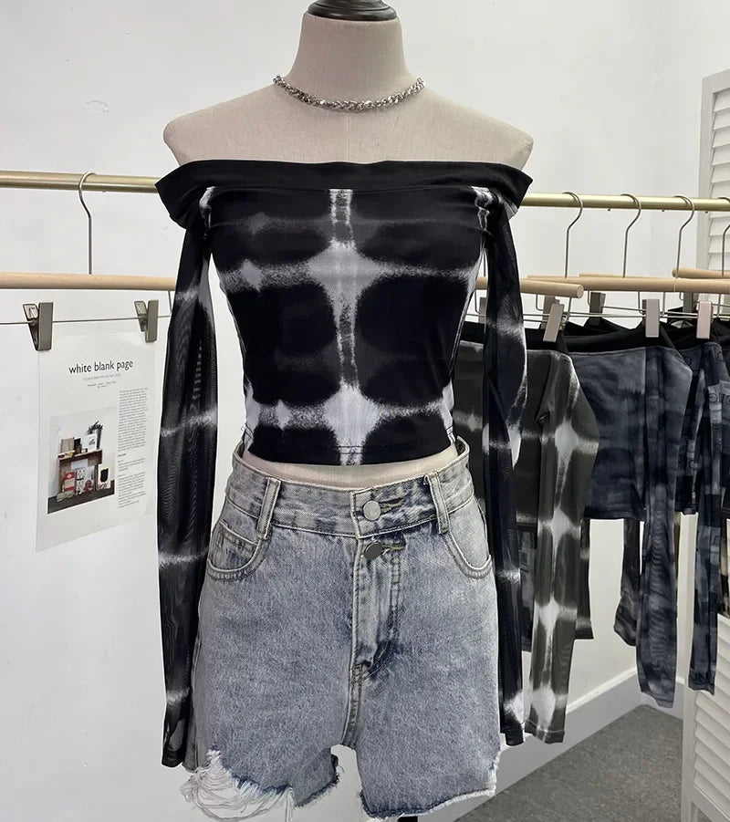 Pydshop Women's Sexy Boat Neck Double Layer Mesh Long Sleeve T-Shirt TieDye Print Short Navel Baring Hottie Top 2300 PartyClub Outfits
