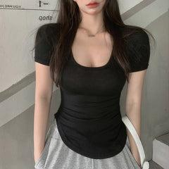 Pydshop Irregular Y2k T-Shirt Women's Ins Trendy Summer Thin Hot Girl U-Neck Sexy Tight-Fitting Design Niche Short-Sleeved Tops