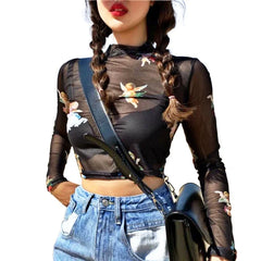 Pydshop New Arrival Women Angel Tee Sexy Women T Shirt See Through Transparent Mesh Top Long Sleeve Sheer Slim Ladies Turtleneck Blouse