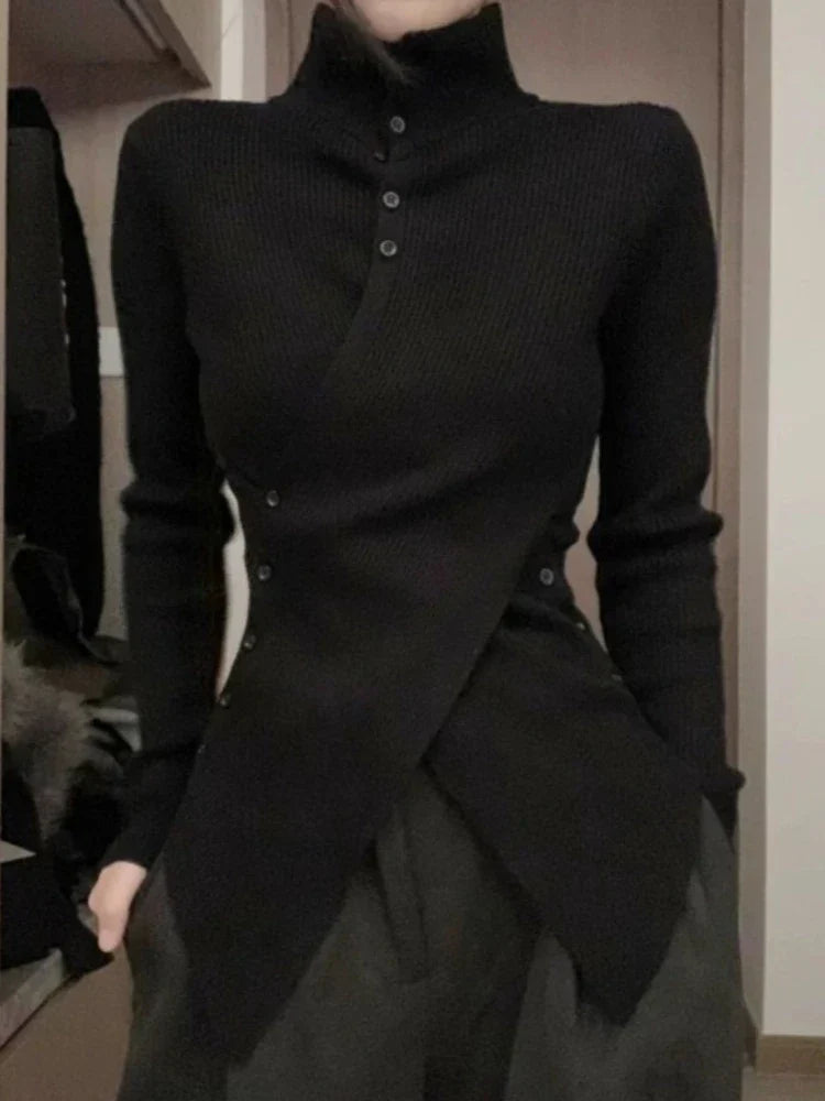 Pydshop Oversize Irregular Slim Fit Bottoming Sweaters Simple Black Turtleneck Knitted Tops Women 2024 Autumn New Long Sleeve Cardigan