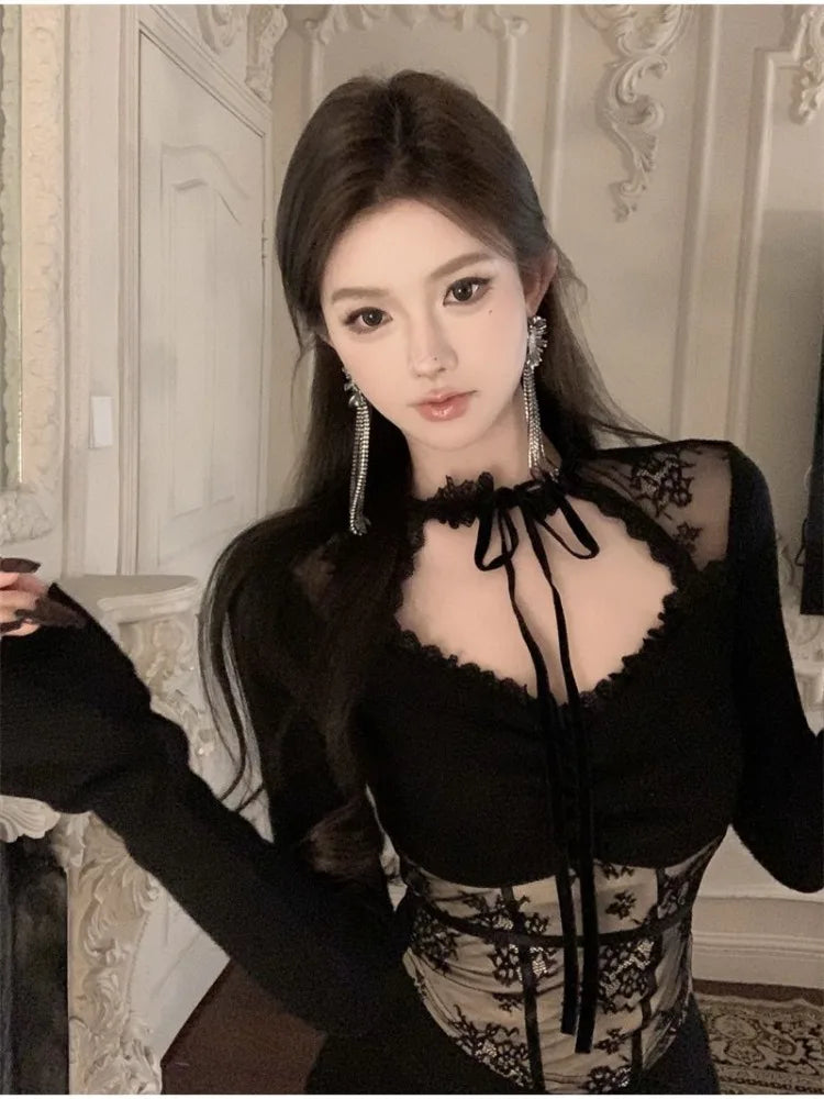 Pydshop Lace Patchwork Hollow Out Long Sleeved Knitted Tops Women Sexy Irregular Slim Fit T-shirts 2024 New  Sleeve Black Tee Shirt
