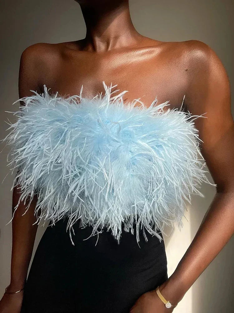 Pydshop Fur Feather Strapless Bustier Fluffy Corset Tube Top