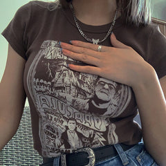 Pydshop Vintage Grunge Graphic Aesthetic Women Crop Tops Punk Harajuku Y2K Goth Short Sleeve Streetwear 90s Print Slim Clothes T-shirt