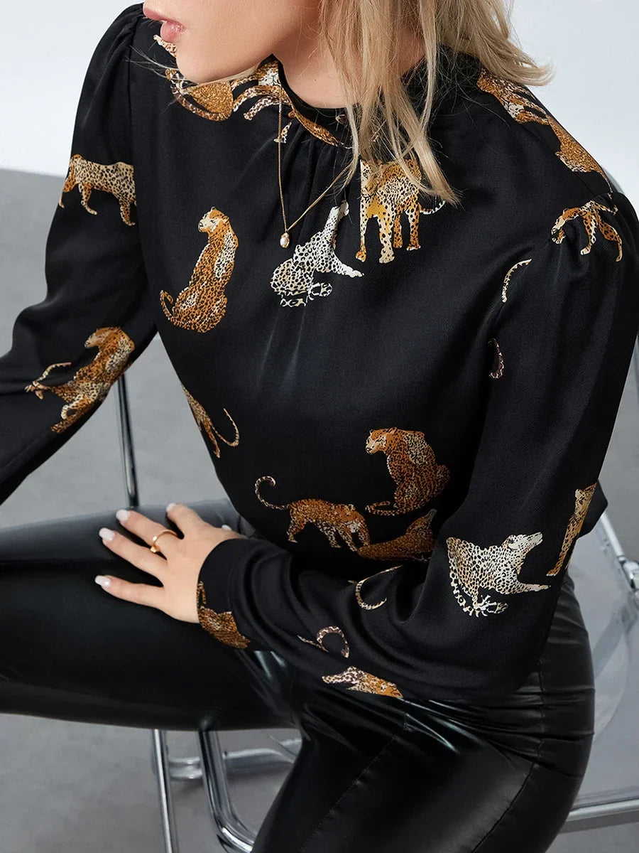 Pydshop Women's Autumn Blouses Retro Leopard Print Long Sleeve Mock Neck Pullover Tops OL Business Basic Shirts Party Clubwear