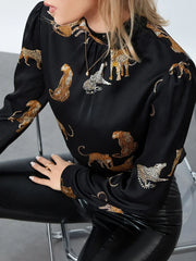 Pydshop Women's Autumn Blouses Retro Leopard Print Long Sleeve Mock Neck Pullover Tops OL Business Basic Shirts Party Clubwear