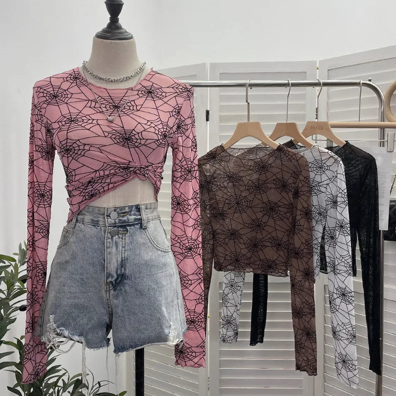 Pydshop Spider Print Mesh See Through Bottoming  Long Sleeve T-shirt Dark Hot Girl Slim Short Top y2k PartyClub Wear Daily Essential9908
