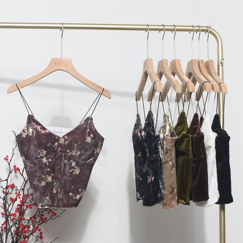Pydshop Women's Retro Chic Floral Print Velvet Spaghetti Strap Camisole Top Sleeveless Tube Top With Padded Base 8965 PartyClub Outfits
