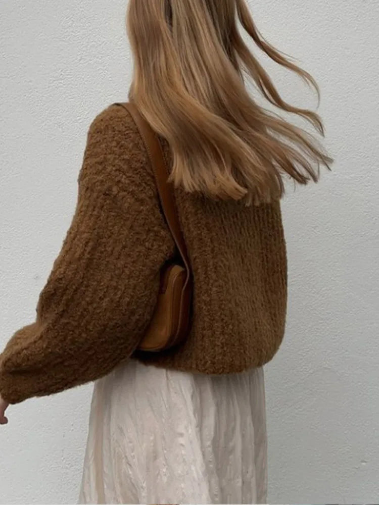 Pydshop Fashion Reddish Brown Warm Cardigan Sweater For Early Autumn 2024 Women Short Style New Winter High Street Loose Versatile Top