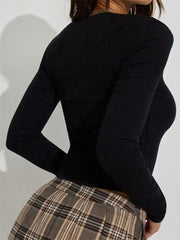 Pydshop Square Neck Long Sleeve Crop Top Women Autumn Solid Slim Fit Floral Patchwork Sexy T shirts Y2k Aesthetic Streetwear