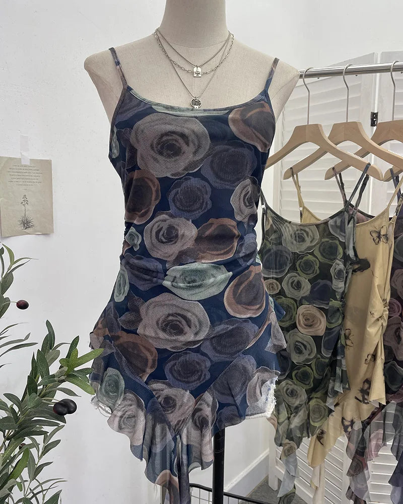 Pydshop Sexy Hot Girl Mesh Printed Camisole Slim Fit Irregular Ribbon Ruffled Sleeveless Top Ruffled Vest Party Essential Club Streewear