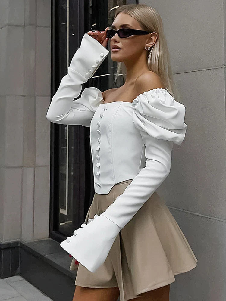 Pydshop Flare Puff Sleeve Open Shoulder White Top