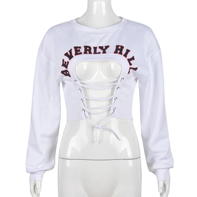 Pydshop Autumn Pullover Sweatshirts Women O-Neck Hollow Out Sexy Bandage Sweatshirt Hot High Street Casual Y2K Tops Hoodies