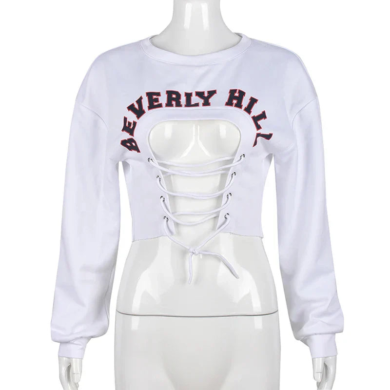 Pydshop Autumn Pullover Sweatshirts Women O-Neck Hollow Out Sexy Bandage Sweatshirt Hot High Street Casual Y2K Tops Hoodies