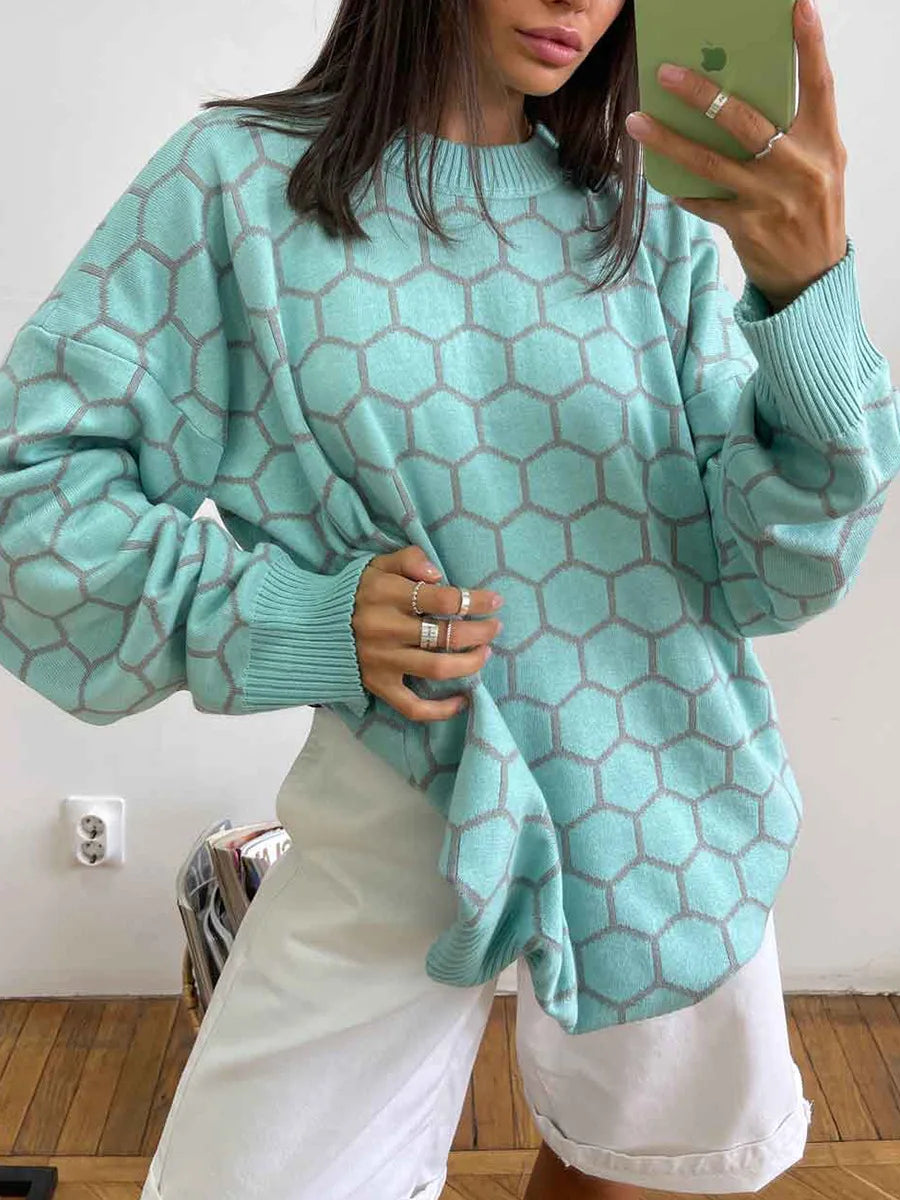 Pydshop Autumn New Pullover Sweater Women's Retro Plaid Print Loose Casual Knitted Top  Long Sleeve Round Neck Female Fashion