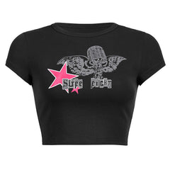 Pydshop Street Goth Rock Retro Harajuku Punk Star Print Rundhalspullover Kurzarm Kurzer Nabel Hohe Taille Top Damenbekleidung Y2K