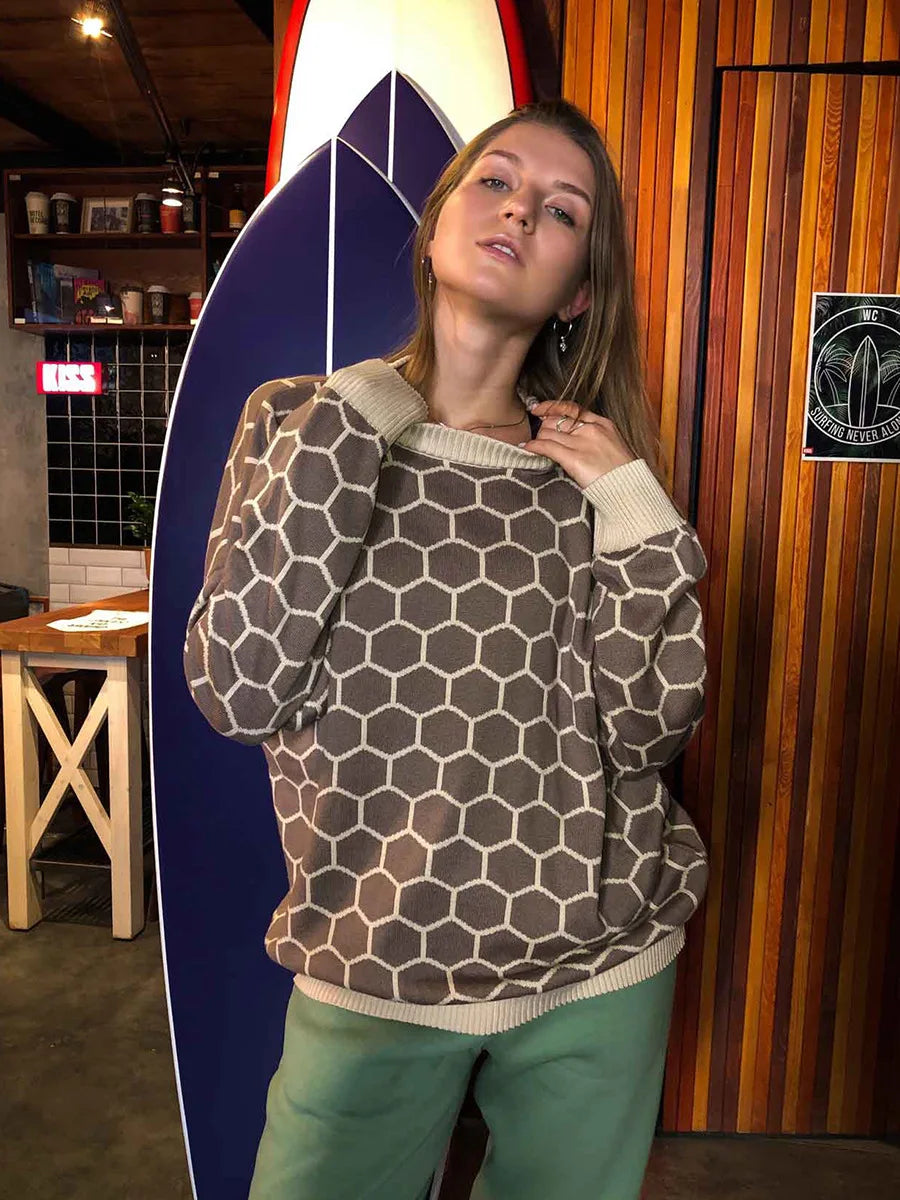 Pydshop Autumn New Pullover Sweater Women's Retro Plaid Print Loose Casual Knitted Top  Long Sleeve Round Neck Female Fashion