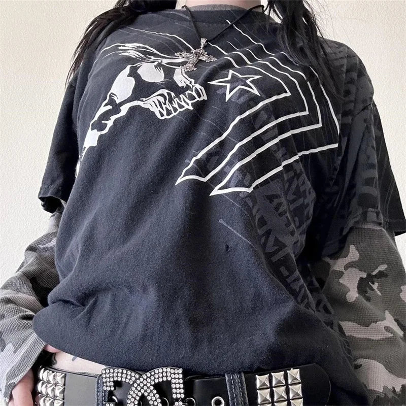 Pydshop Vintage Graphic Print Pullovers Tops Halloween Clothes 2000s Skull Grunge Layered Sleeve Tee Y2K Aesthetic Emo Mall Goth T-shirt