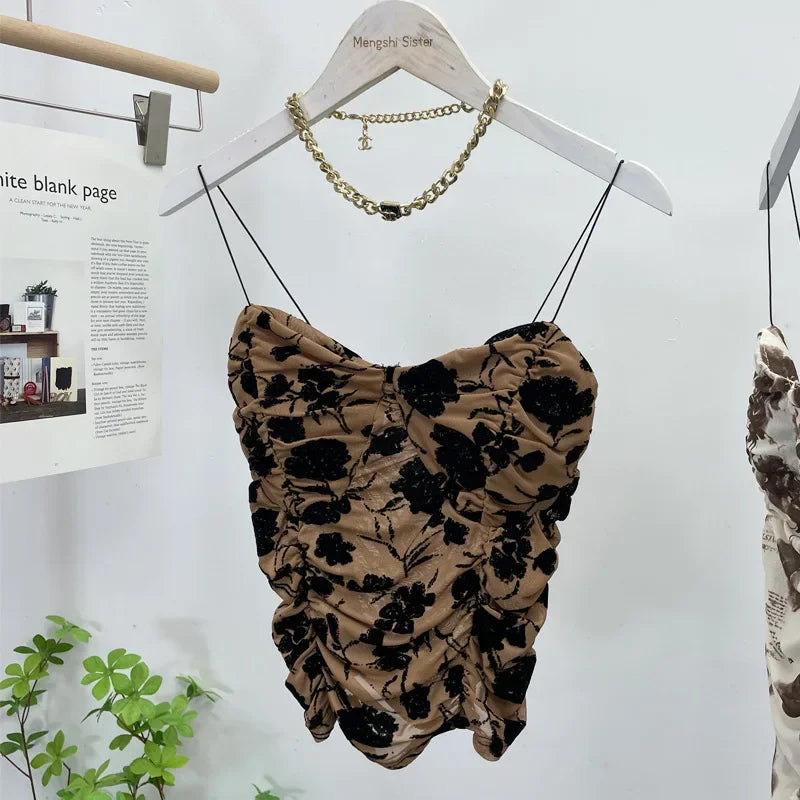 Pydshop Women Retro Tie Dye Printed Spaghetti Strap Camisole Sexy Mesh Pleated Short Tube Top With Breast Pads Sleeveless Casual Y2K Top