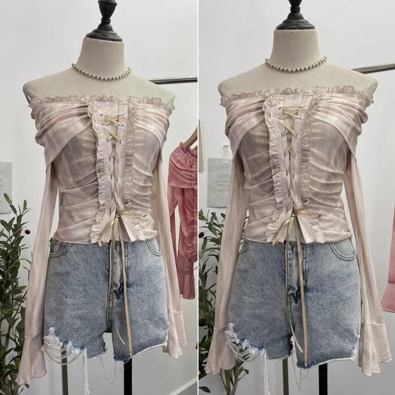 Pydshop Women's Retro Tie Dye Lace Up Waist-baring Short Top Sexy One Shoulder Mesh Trumpet Long Sleeve Top y2k PartyClub StreetWear