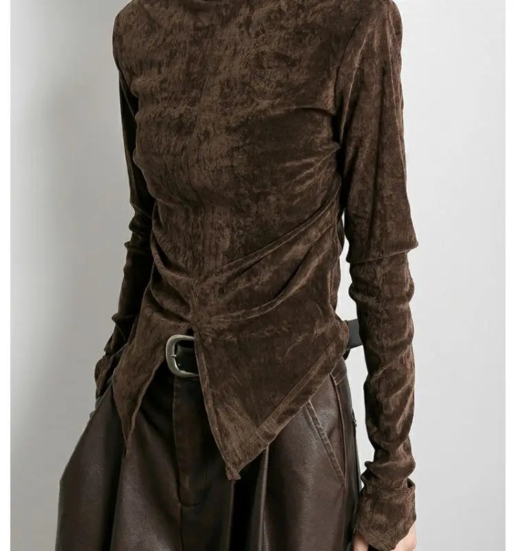 Pydshop Front Side-slit Solid Color Soft Long Sleeve Top