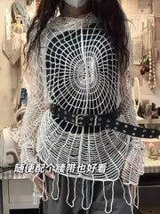 Pydshop American Street Spider Web Hollowed Out Hole Tops 2024 New Hooded Knit Sweater Women Y2k Long Sleeve Loose Sweatshirts
