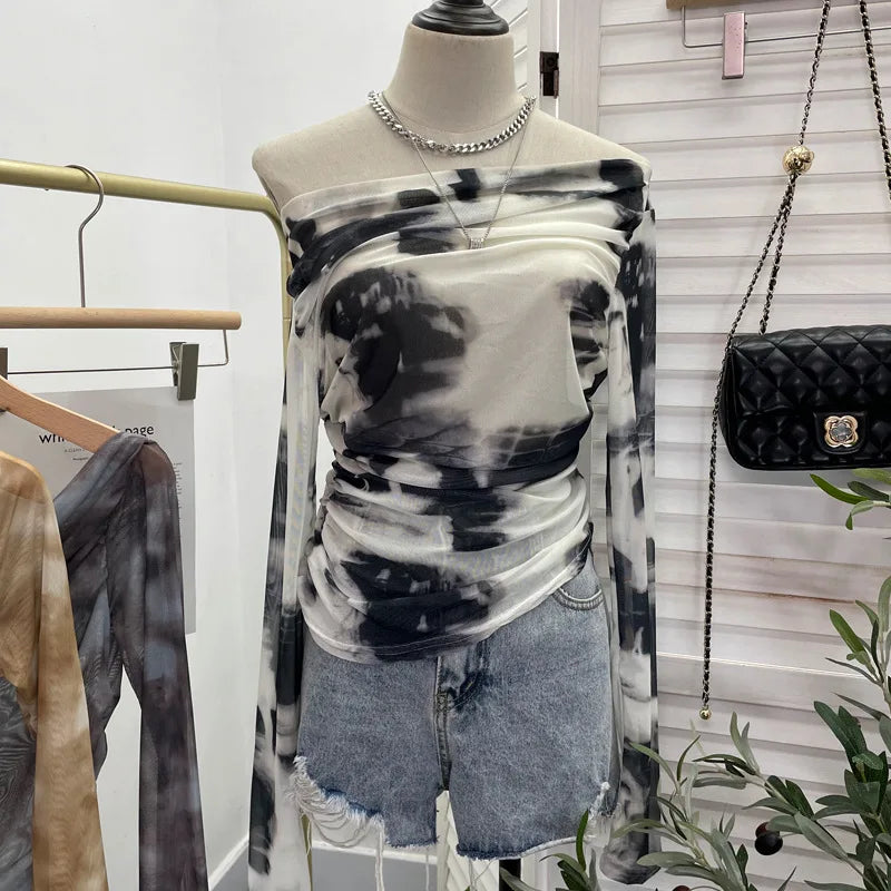 Pydshop Retro Tie Dye Pleated One Shoulder Long Sleeved T-shirt For Women Summer Sexy See Through Mesh Irregular Top y2k PartyClub Wear