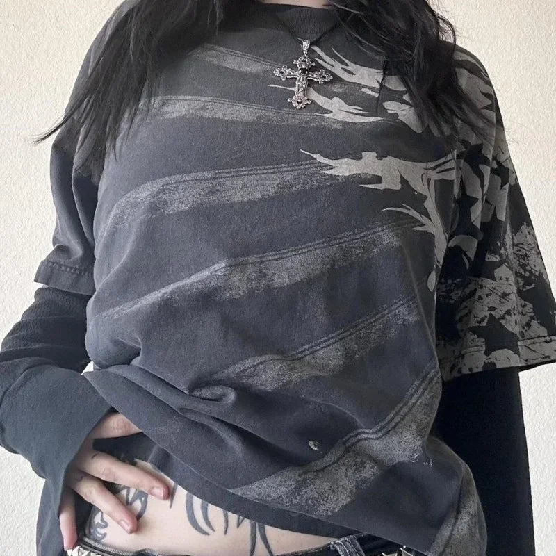 Pydshop Vintage Graphic Print Pullovers Tops Halloween Clothes 2000s Skull Grunge Layered Sleeve Tee Y2K Aesthetic Emo Mall Goth T-shirt