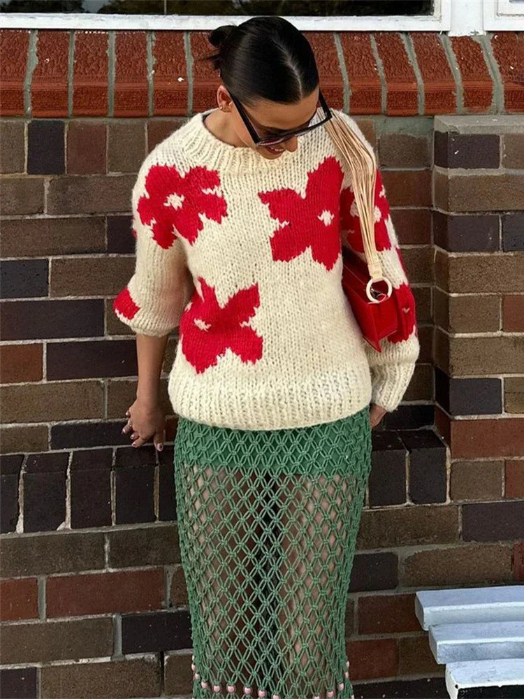 Pydshop Crochet Embroidered Sweater For Women 2024 Autumn Winter Fashion Loose Long Sleeve Knitted Pullover Top Female Casual